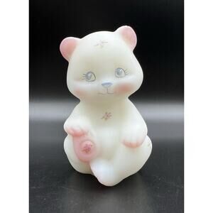 Fenton White w Pink Satin Glass Bear Figurine 3.5” Hand Painted Florals & Berry